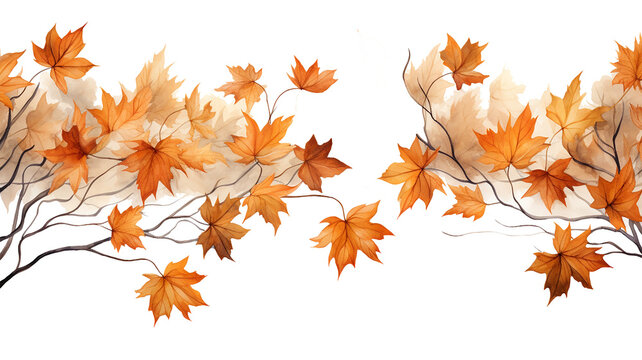 Watercolor brown maple leaves. Botanical watercolor style. For wedding Invitation, greeting card, save the date. Isolated on transparent background. Generative AI