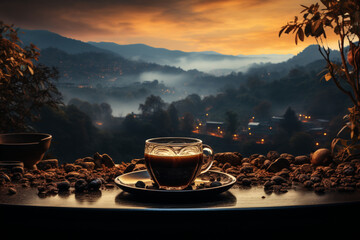 photography of epic coffee vibes landscape made with AI - obrazy, fototapety, plakaty