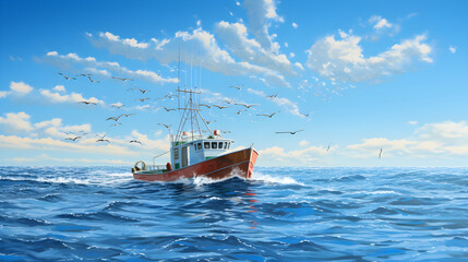 Fishing boat returning to home harbor with lots of seagulls illustration