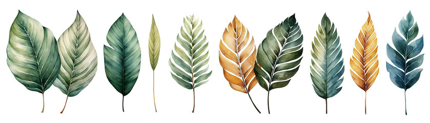 Collection of watercolor dried tropical leaves. Botanical watercolor style. For wedding Invitation, greeting card, save the date. Isolated on transparent background. Generative AI