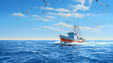 Fishing boat returning to home harbor with lots of seagulls illustration - obrazy, fototapety, plakaty