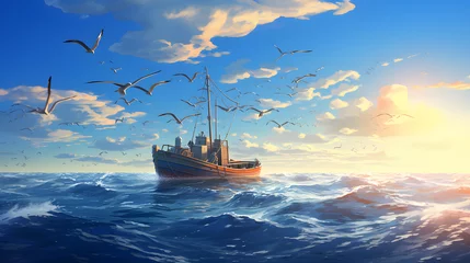 Foto op Canvas Fishing boat returning to home harbor with lots of seagulls illustration © petrrgoskov