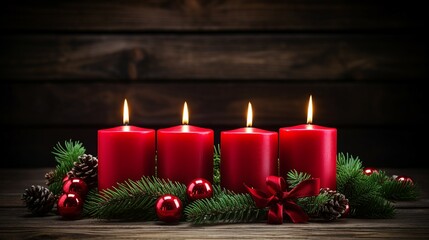 Obraz na płótnie Canvas Advent Wreath with Burning Red Candles, Symbolic Holiday Decoration for Christmas Tradition and Spiritual Ceremonies