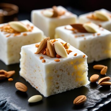 Sandesh Indian dessert on a beautiful plate. illustration in realistic style.