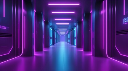 Abstract background of futuristic corridor with purple and blue neon lights - obrazy, fototapety, plakaty