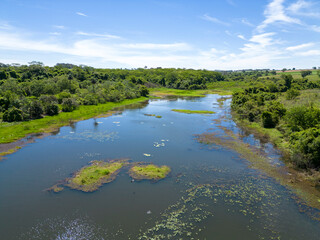 Fototapeta na wymiar Aerial view of the Borá River, a tributary of the Tietê, an important Brazilian river