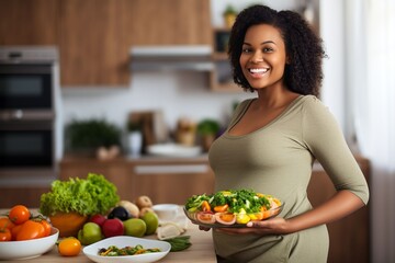 pregnant woman smiling and eating a plate of healthy food containing vegetables and fruits - obrazy, fototapety, plakaty