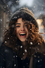 Happy expressive woman in winter outdoors, portrait of beautiful smiling girl in snowy weather