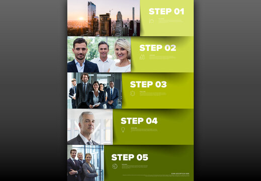 Five green steps elements template on paper color stripe with photos