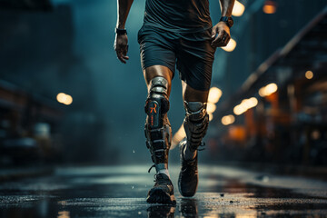 A man with prosthetic leg running, poster made with AI - obrazy, fototapety, plakaty