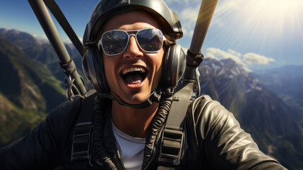Powered paragliding flight, man taking selfie with action camera - obrazy, fototapety, plakaty