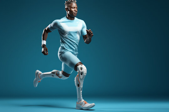 A man with prosthetic leg running, poster made with AI