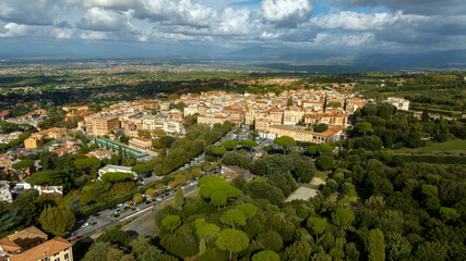 Aerial view of Frascati, a small town in the metropolitan city of Rome Capital, in the area of Roman Castles, in Lazio, Italy.