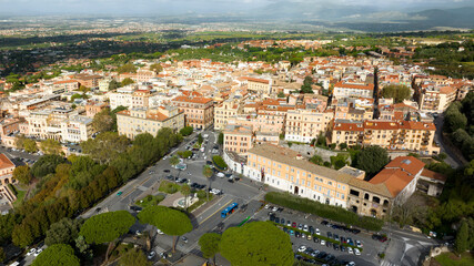 Fototapeta na wymiar Aerial view of Frascati, a small town in the metropolitan city of Rome Capital, in the area of Roman Castles, in Lazio, Italy.