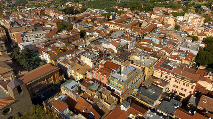 Aerial view of Frascati, a small town in the metropolitan city of Rome Capital, in the area of Roman Castles, in Lazio, Italy.