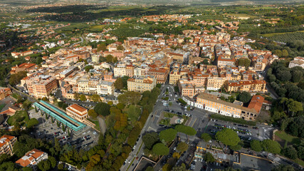 Aerial view of Frascati, a small town in the metropolitan city of Rome Capital, in the area of Roman Castles, in Lazio, Italy.