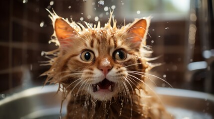 cat does not want to bath ai generated - obrazy, fototapety, plakaty