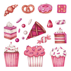 A collection with croissants, pastries, cakes, sweets and cupcakes. Watercolor illustration. Desserts. Meal. Tasty. Set. Pink and white colors. Bakery products. Art. Design. Handmade work. Cute. 