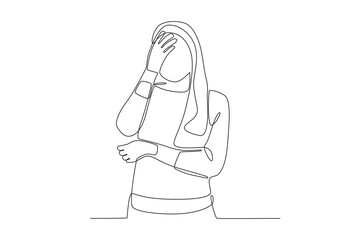 A woman held her head in depression. Blue Monday one-line drawing