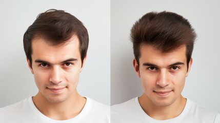 Experience the difference: A man's face pre and post hair transplant - obrazy, fototapety, plakaty