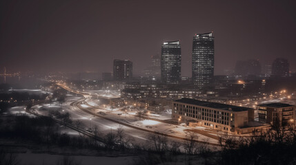 Fototapeta na wymiar snowy cityscape. Generative AI