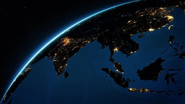 Map of Asia, Middle East and North Africa and Europe With City Lights. Animation of Earth Seen from Space. Satellite View.

