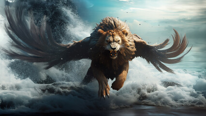 Lion With Wings Coming out of Sea - obrazy, fototapety, plakaty