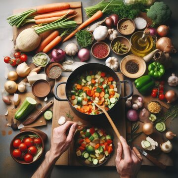 Cooking - Chef's Hands Preparing Vegetable Vegetarian Stew (thick Soup). Kitchen Scenery - Pot With Recipe Ingredients Around On The Grey Stone Worktop Captured From Above (top View, Flat Lay).