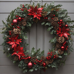Fototapeta na wymiar christmas wreath with red ribbon