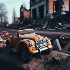 children's toys in the middle of a destroyed building war background image