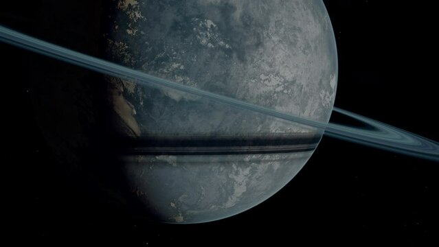 Blue barren hycean ice planet with frozen oceans and Rings in Space. 3D animation concept of cold alien world. Hostile surface conditions with possible ecosystem of liquid water under the surface.