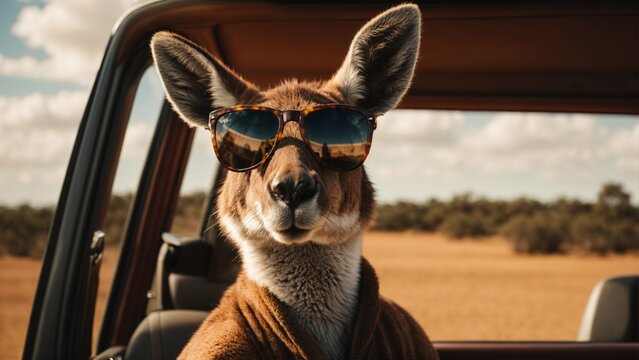 Close up high resolution image of a chill kangaroo wearing sunglasses. Generative AI.