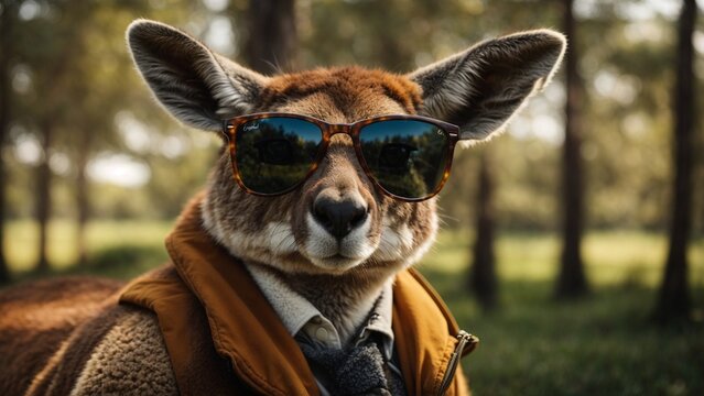 Close up high resolution image of a cool looking kangaroo wearing sunglasses. Generative AI.
