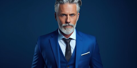 A stylish grey haired middle aged man in a blue suit on dark blue background.