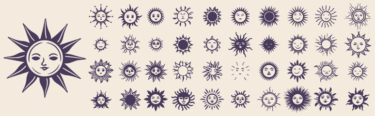 set of sun with face - obrazy, fototapety, plakaty