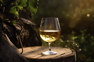 glass of white wine on a barrel in the countrysid