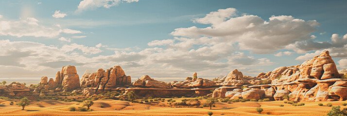 Mountain panorama view with desert landscape. Valley of beautiful red rock canyon formations. Panoramic large rock formations landscape of during a vibrant sunny day. Generative AI