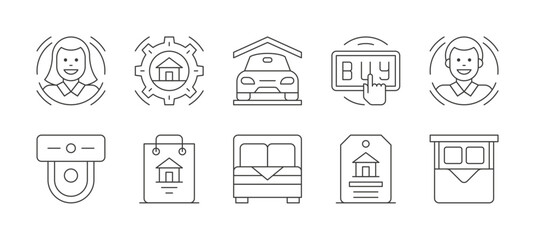 Real estate agency customer realtor technology garage car thin line art icons set vector