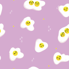 Smiling sunny-side up eggs seamless pattern. Funny vector shapes on pink background. Backdrop with cartoon color icons for design and animations.