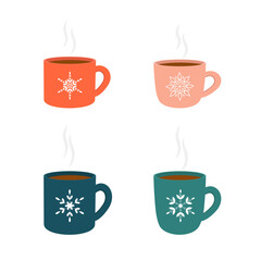 Cups of cocoa with steam and with snowflakes, on white background