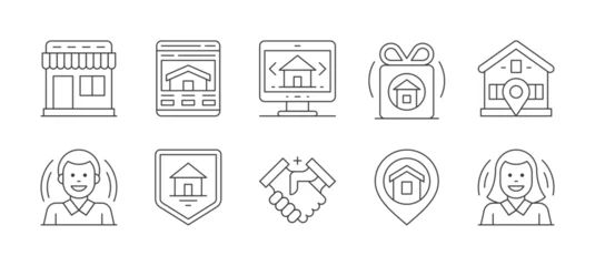 Deurstickers Real estate agency customer realtor deal gift box protection thin line art icons set vector © provectors