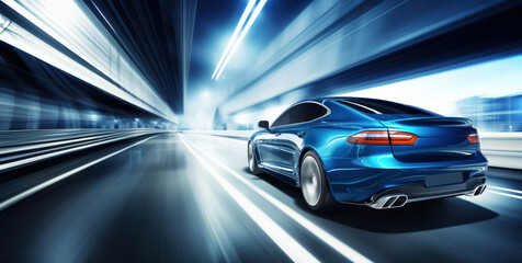 Fast modern car driving on city downtown highway. Speed motion blur
