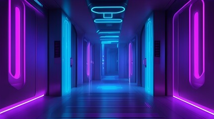 Abstract background of futuristic corridor with purple and blue neon lights