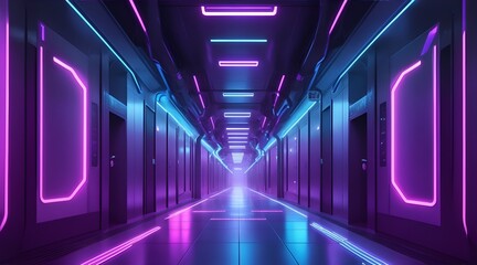 Fototapeta premium Abstract background of futuristic corridor with purple and blue neon lights