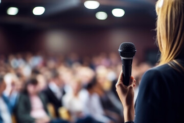 Woman speaker giving speech, presentation or lecture to the audience in conference hall - Powered by Adobe
