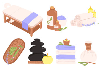 Massage and spa set of vector illustration including massage table, massage oil, stone massage, thai massage with herbal pouches, candles and lavander elements and objects