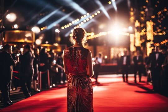 Celebrity woman walking on red carpet at the event, paparazzi taking photos
