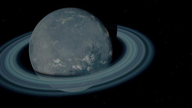 Blue barren hycean ice planet with frozen oceans and Rings in Space. 3D animation concept of cold alien world. Hostile surface conditions with possible ecosystem of liquid water under the surface.