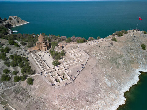Aerial view of the historical Armenian Church of the Holy Cross in Turkey