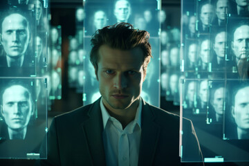 Fototapeta premium Generative ai man tech developer in abstract binary background